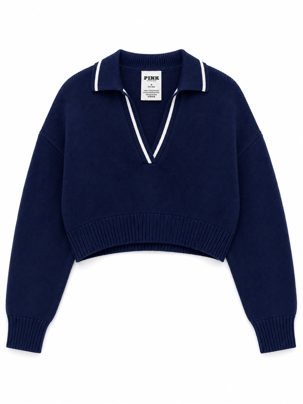 PINK Victoria's Secret Navy Cropped V‑Neck Polo Sweater with White Trim